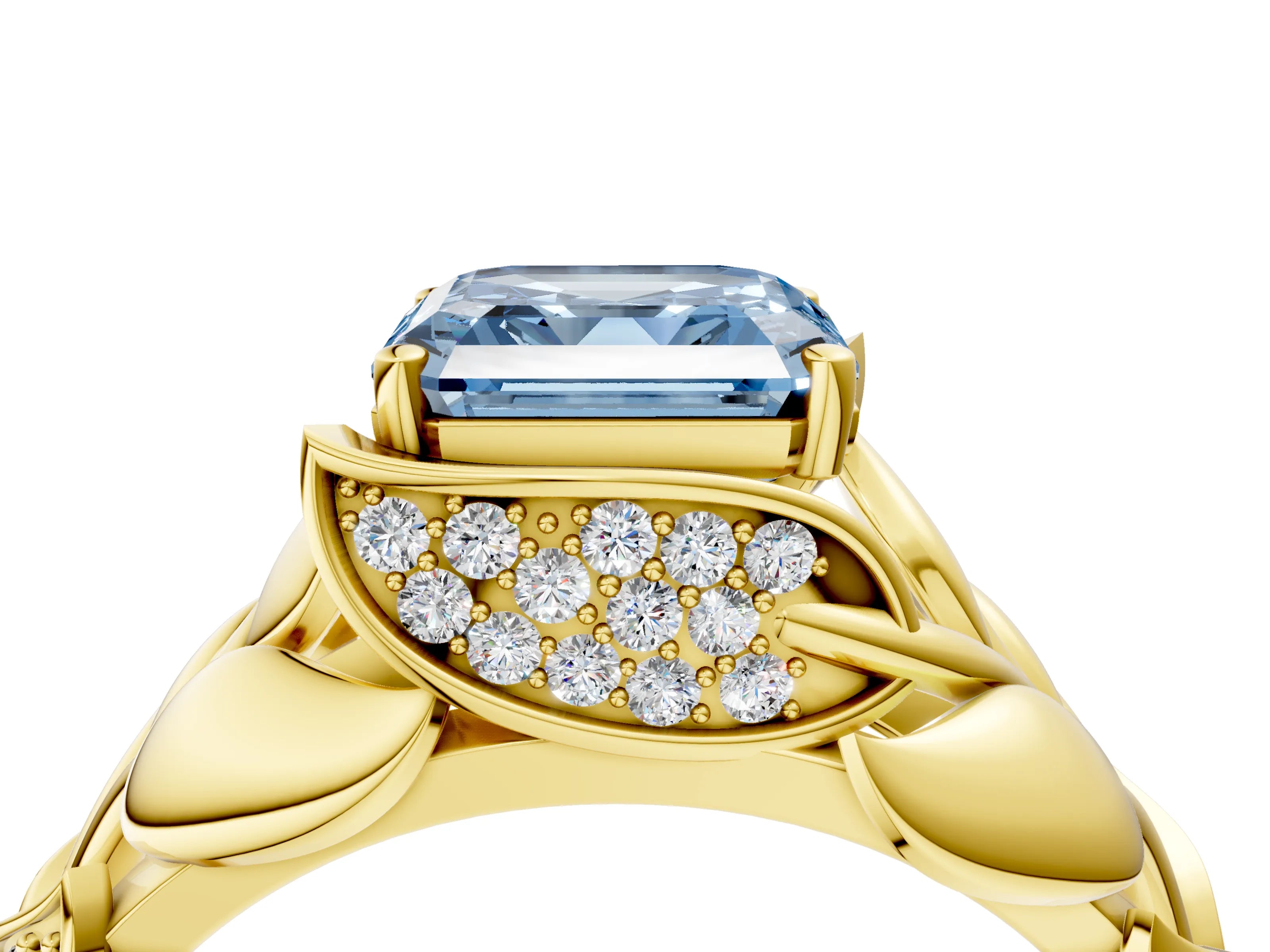 Yellow gold Fancy Blue Asscher Cut Solitaire Leaf-Inspired Engagement Ring with Prong Setting_4