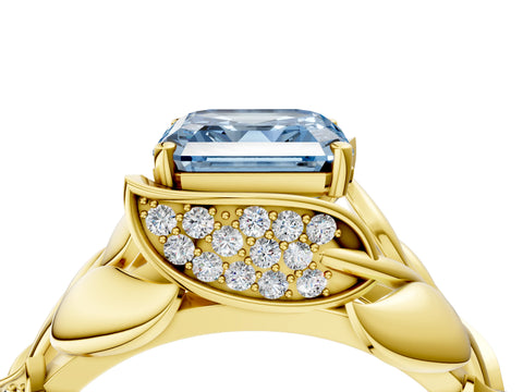 Yellow gold Fancy Blue Asscher Cut Solitaire Leaf-Inspired Engagement Ring with Prong Setting_4
