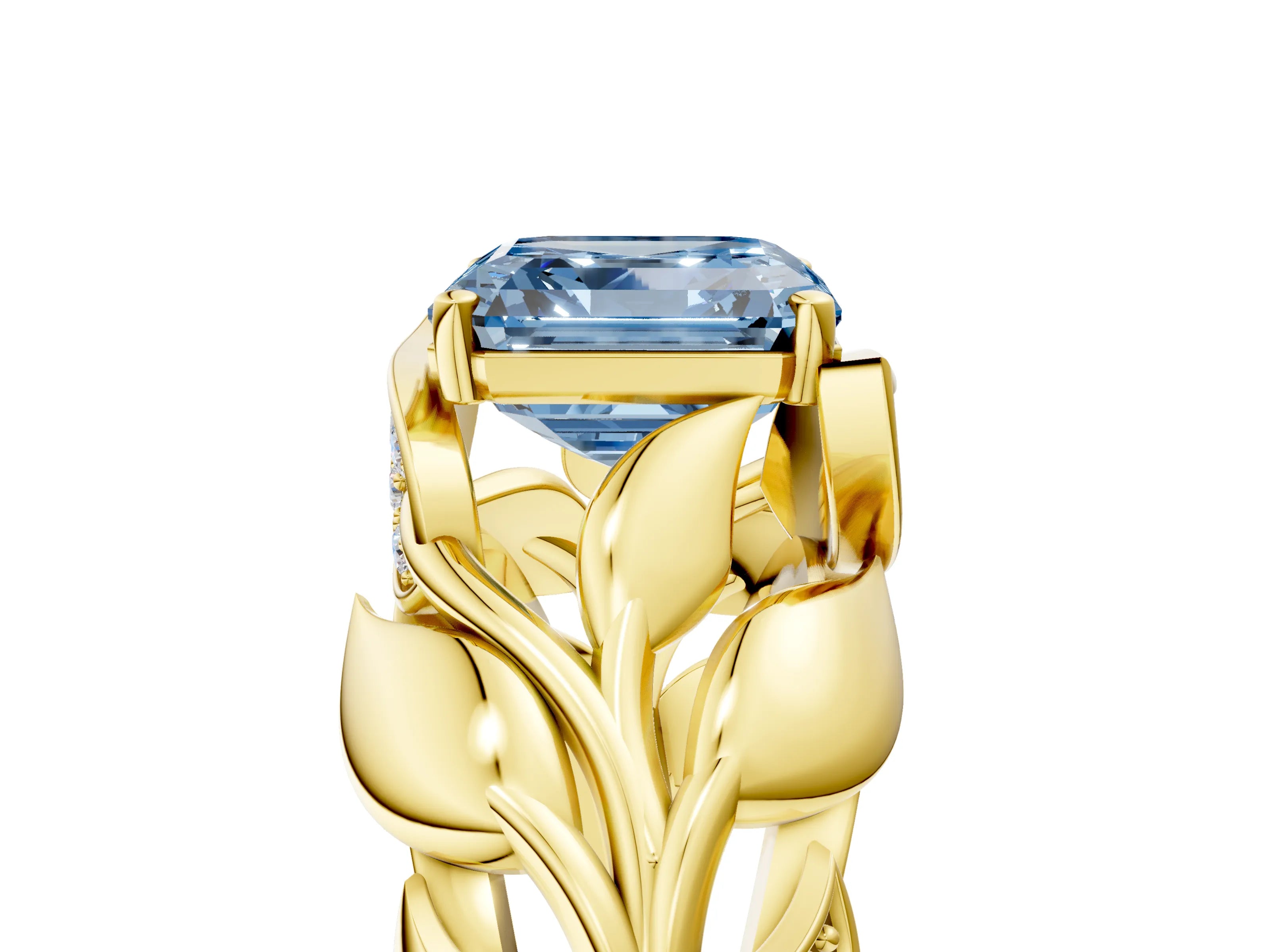Yellow gold Fancy Blue Asscher Cut Solitaire Leaf-Inspired Engagement Ring with Prong Setting_5
