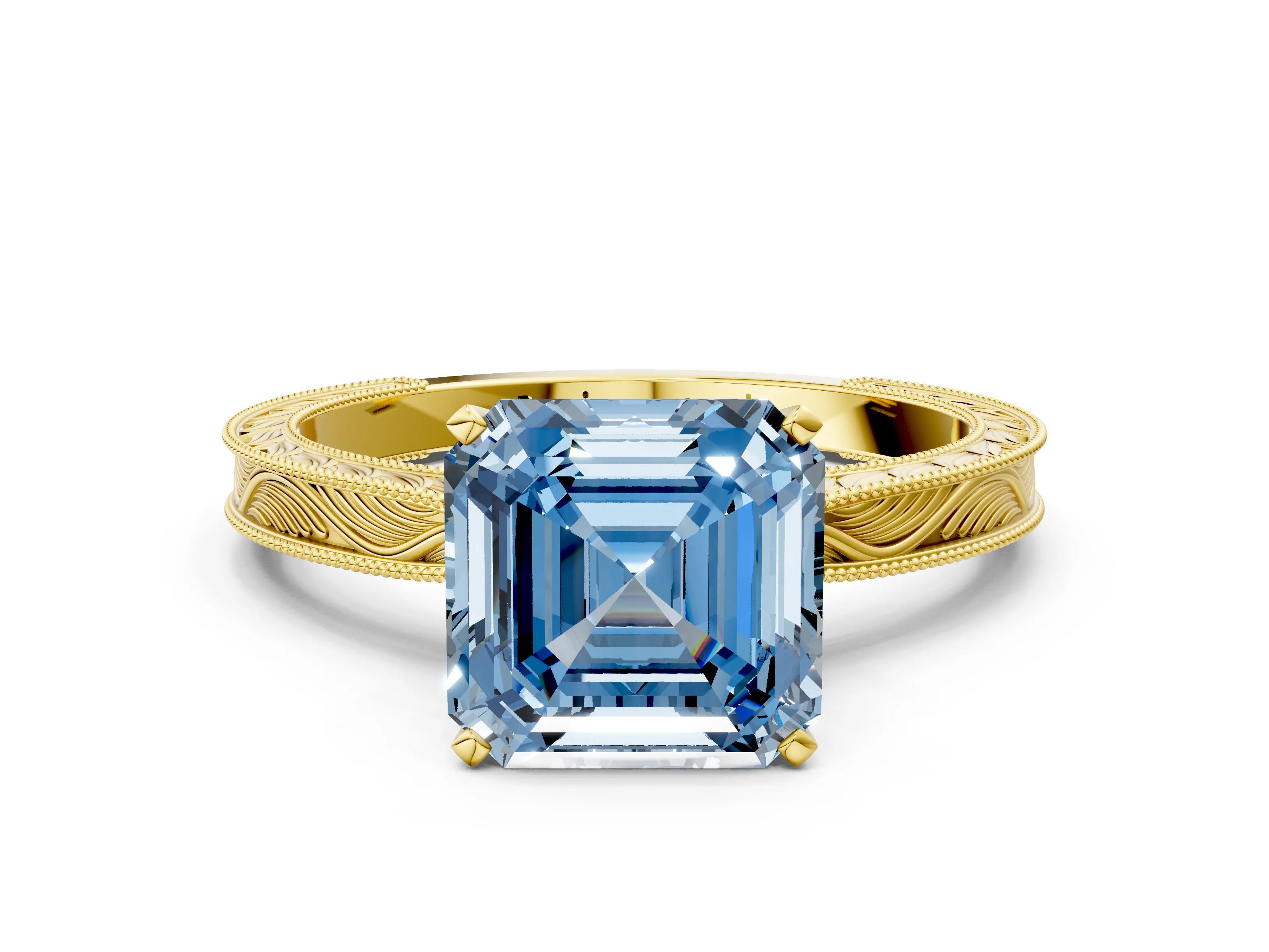 Yellow gold Fancy Blue Asscher Cut Solitaire Milgrain Engraved Band with Four-Prong Setting