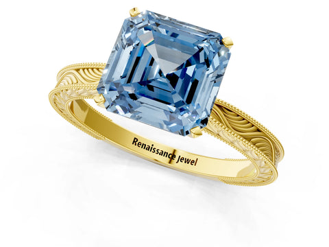 Yellow gold Fancy Blue Asscher Cut Solitaire Milgrain Engraved Band with Four-Prong Setting_1