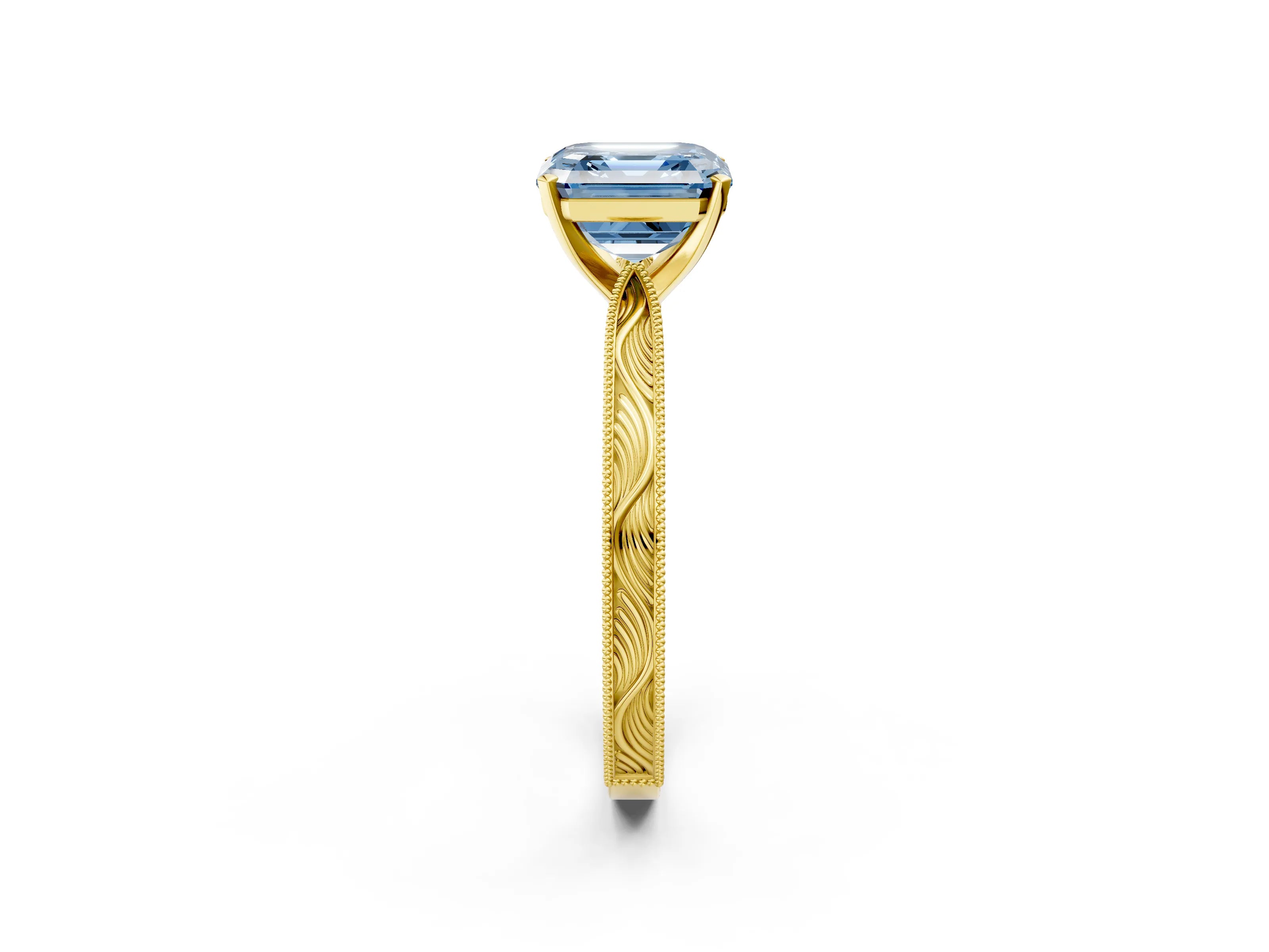 Yellow gold Fancy Blue Asscher Cut Solitaire Milgrain Engraved Band with Four-Prong Setting_2