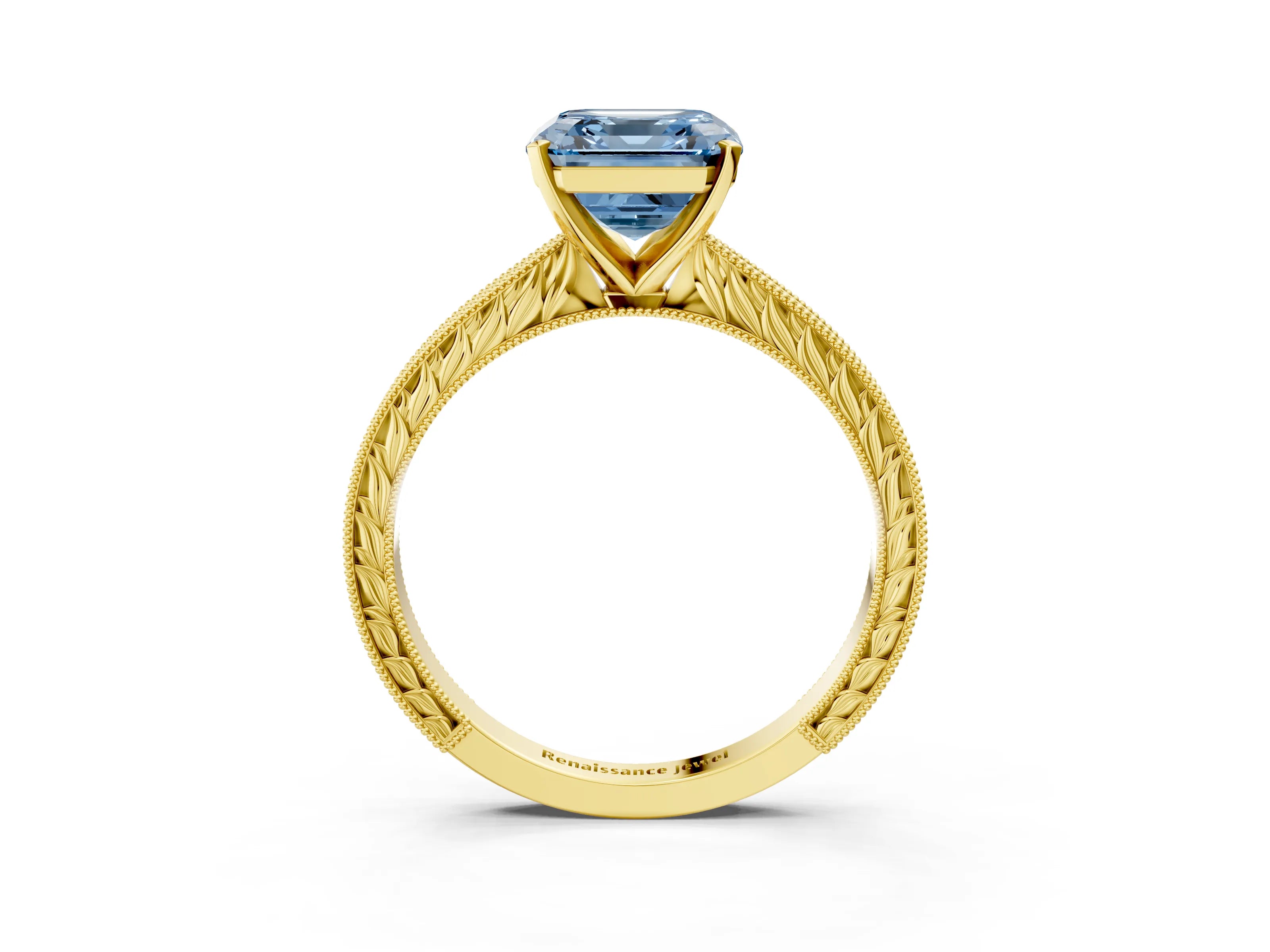 Yellow gold Fancy Blue Asscher Cut Solitaire Milgrain Engraved Band with Four-Prong Setting_3