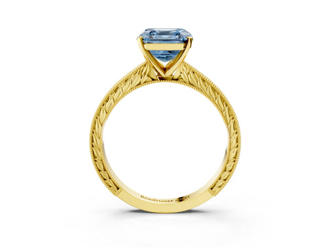 Yellow gold Fancy Blue Asscher Cut Solitaire Milgrain Engraved Band with Four-Prong Setting_3