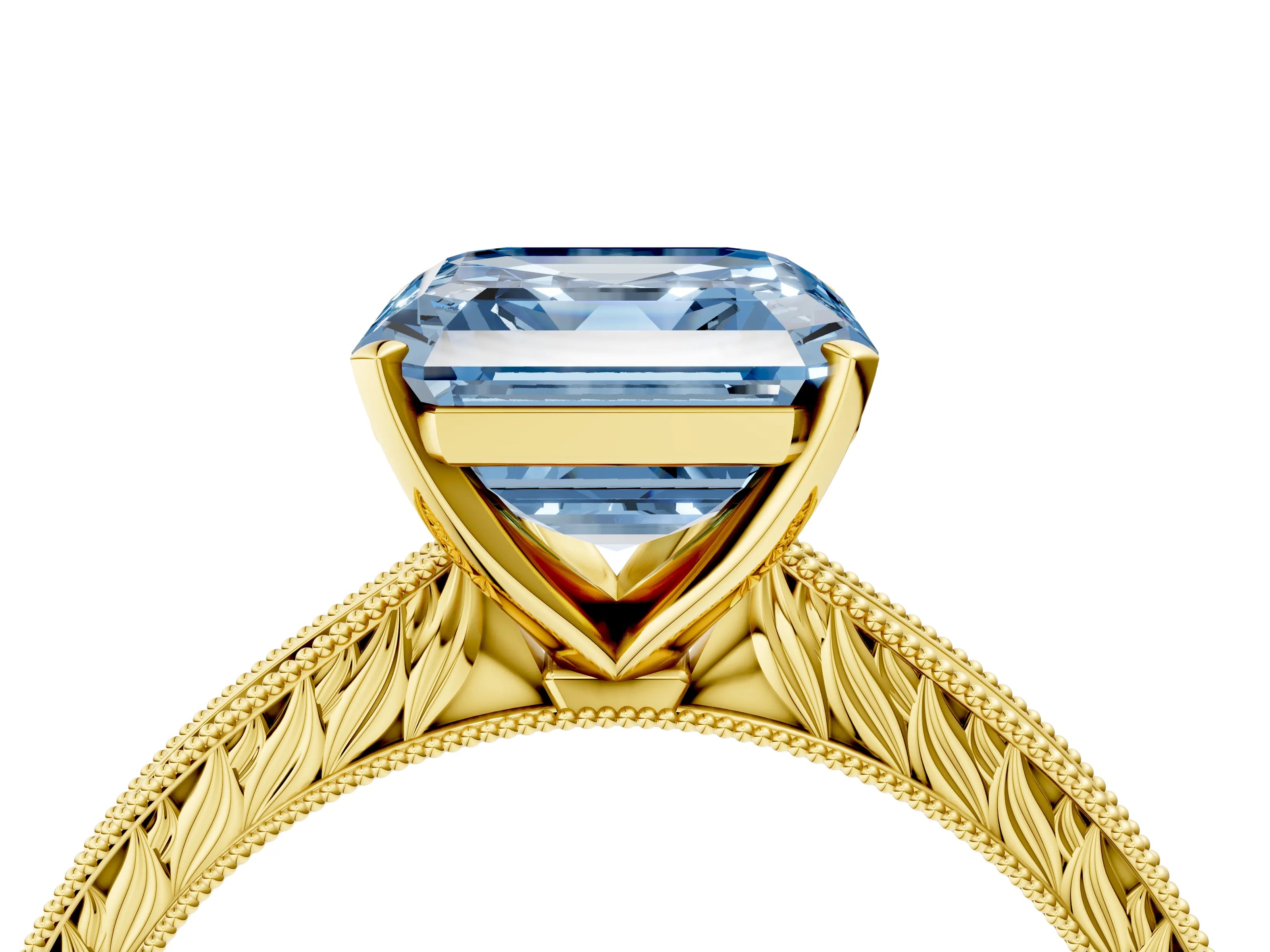 Yellow gold Fancy Blue Asscher Cut Solitaire Milgrain Engraved Band with Four-Prong Setting_4