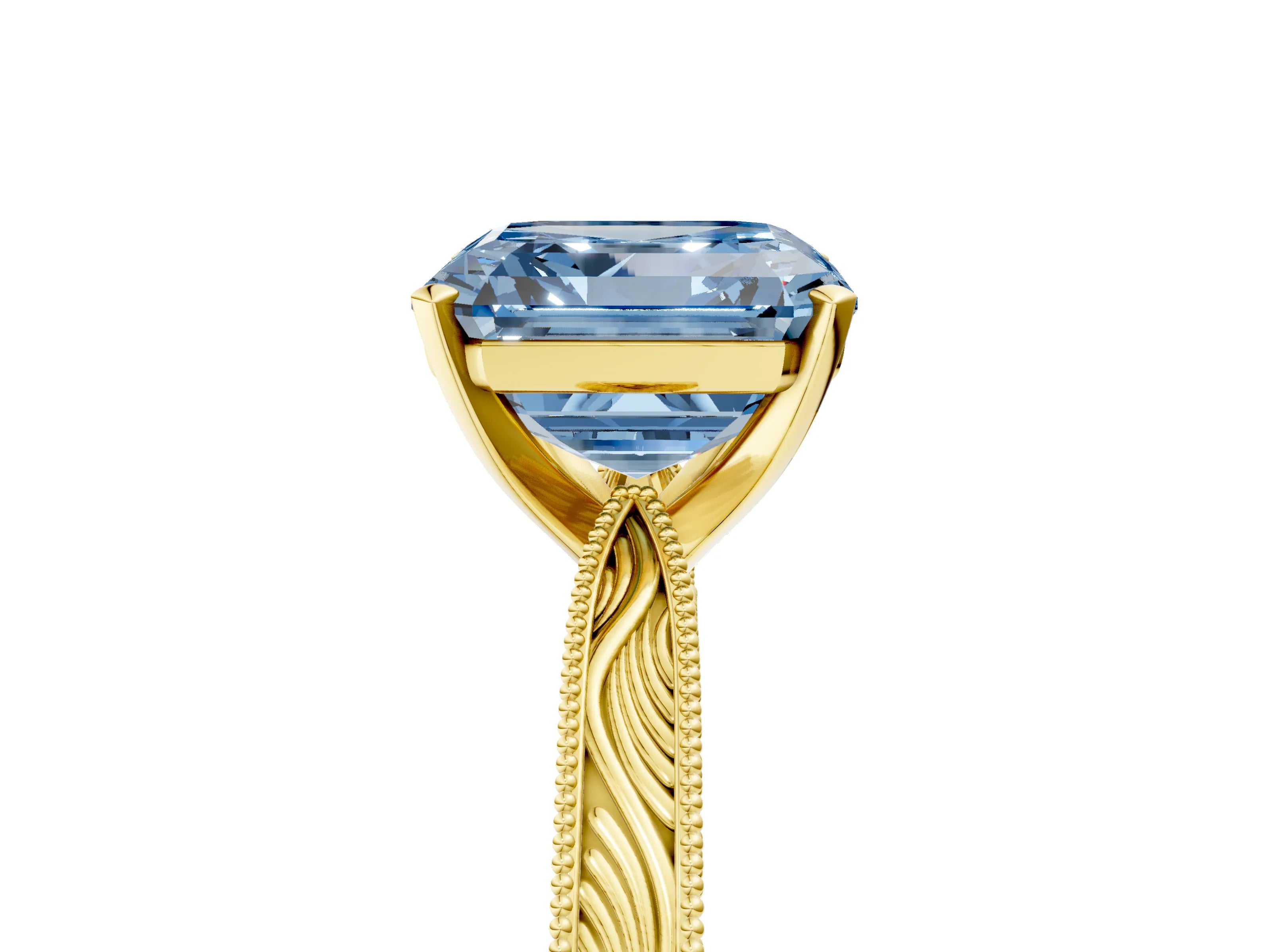 Yellow gold Fancy Blue Asscher Cut Solitaire Milgrain Engraved Band with Four-Prong Setting_5