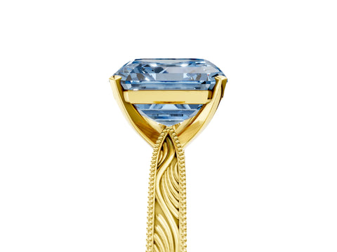 Yellow gold Fancy Blue Asscher Cut Solitaire Milgrain Engraved Band with Four-Prong Setting_5