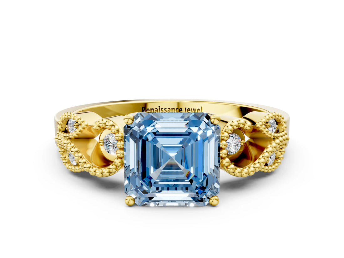 Yellow gold Fancy Blue Asscher Cut Solitaire Milgrain Leaf Band with Prong Setting_12