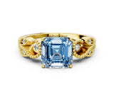 Yellow gold Fancy Blue Asscher Cut Solitaire Milgrain Leaf Band with Prong Setting_12