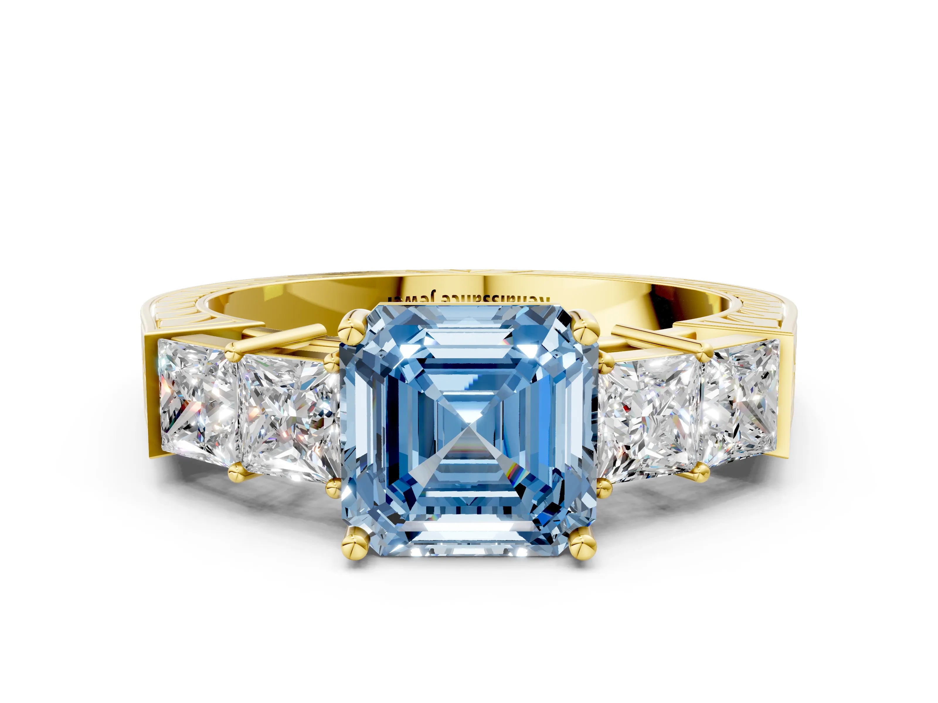 Yellow gold Fancy Blue Asscher Cut Solitaire Princess Side Stone Engraved Band Prong Setting Ring
