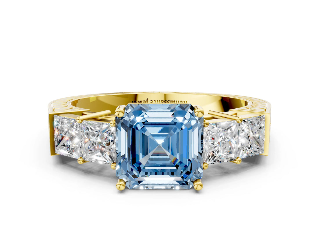 Yellow gold Fancy Blue Asscher Cut Solitaire Princess Side Stone Engraved Band Prong Setting Ring