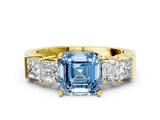 Yellow gold Fancy Blue Asscher Cut Solitaire Princess Side Stone Engraved Band Prong Setting Ring