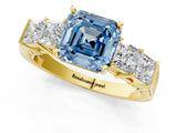 Yellow gold Fancy Blue Asscher Cut Solitaire Princess Side Stone Engraved Band Prong Setting Ring_1