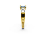 Yellow gold Fancy Blue Asscher Cut Solitaire Princess Side Stone Engraved Band Prong Setting Ring_2