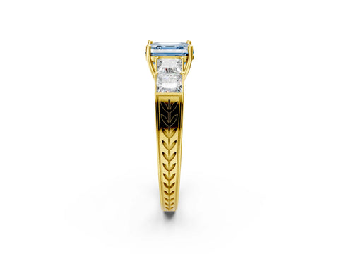 Yellow gold Fancy Blue Asscher Cut Solitaire Princess Side Stone Engraved Band Prong Setting Ring_2
