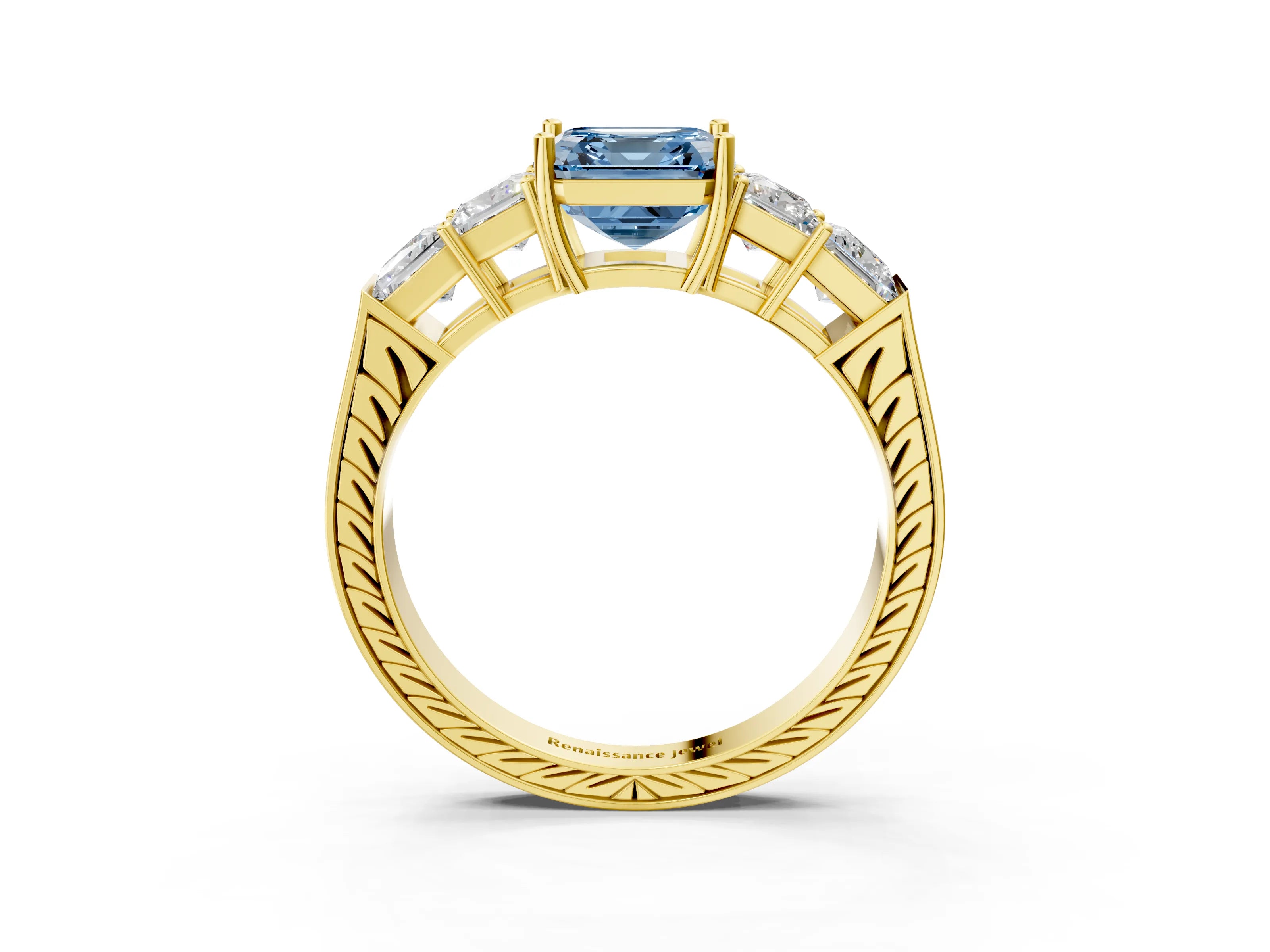 Yellow gold Fancy Blue Asscher Cut Solitaire Princess Side Stone Engraved Band Prong Setting Ring_3