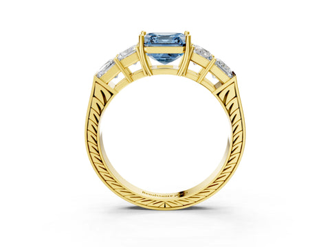 Yellow gold Fancy Blue Asscher Cut Solitaire Princess Side Stone Engraved Band Prong Setting Ring_3