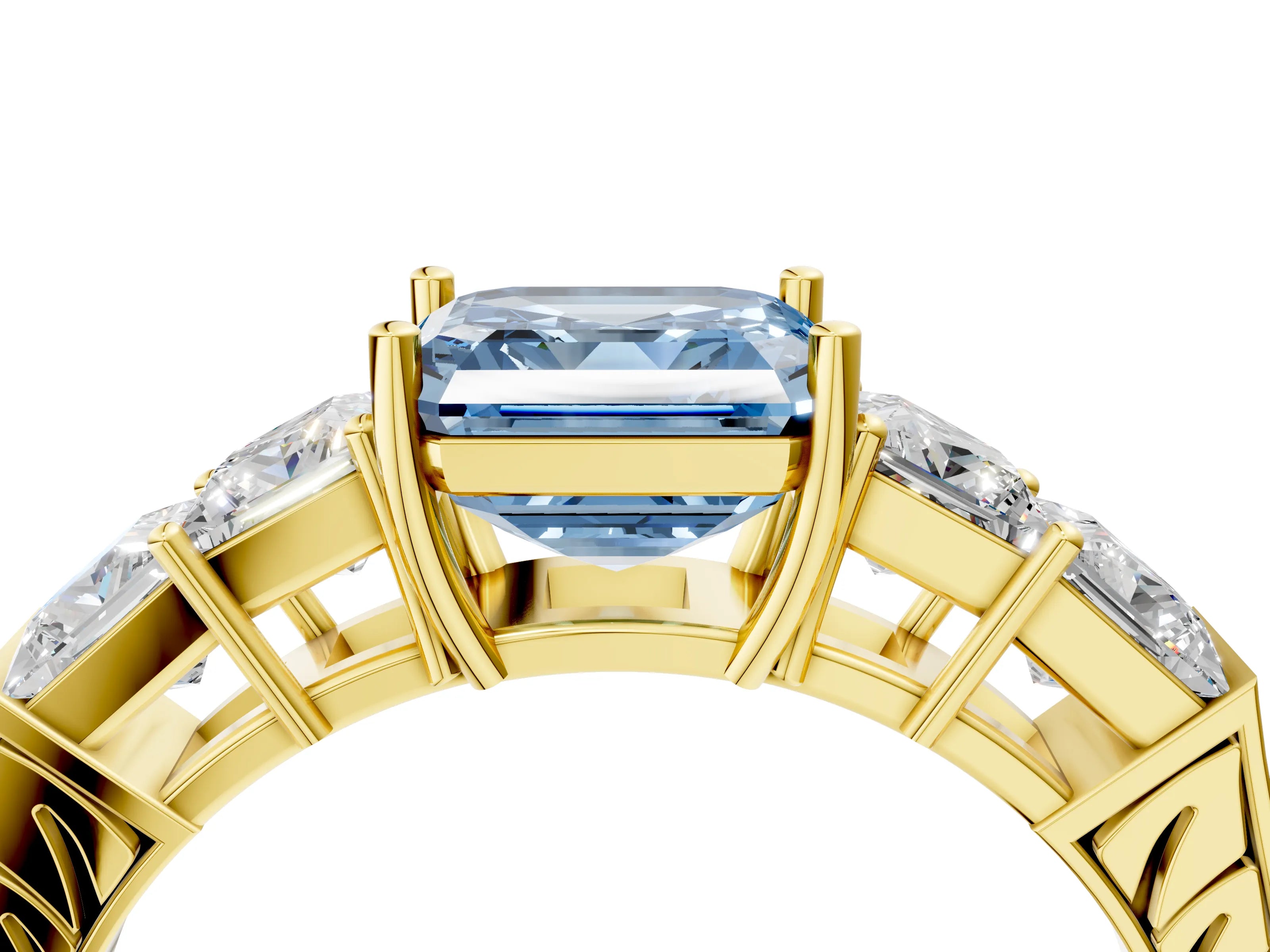 Yellow gold Fancy Blue Asscher Cut Solitaire Princess Side Stone Engraved Band Prong Setting Ring_4