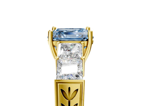 Yellow gold Fancy Blue Asscher Cut Solitaire Princess Side Stone Engraved Band Prong Setting Ring_5