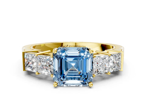 Yellow gold Fancy Blue Asscher Cut Solitaire Princess Side Stone Engraved Band Prong Setting Ring