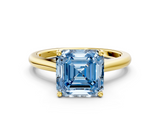 Yellow gold Fancy Blue Asscher  Cut Solitaire Ring with Cathedral Band and Four-Prong Setting
