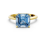 Yellow gold Fancy Blue Asscher  Cut Solitaire Ring with Four-Prong Setting on a Classic Band