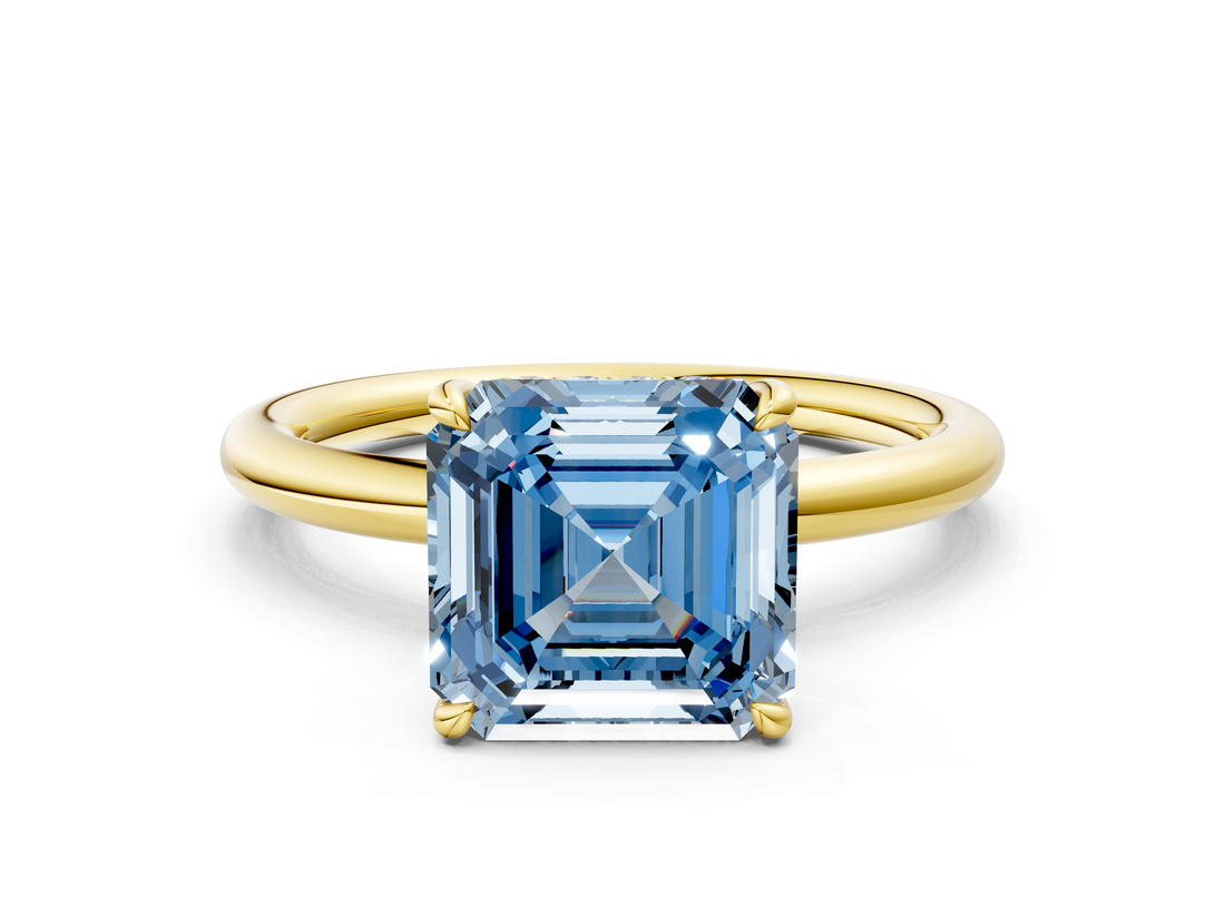 Yellow gold Fancy Blue Asscher  Cut Solitaire Ring with Thin Band and Four-Prong Setting_16