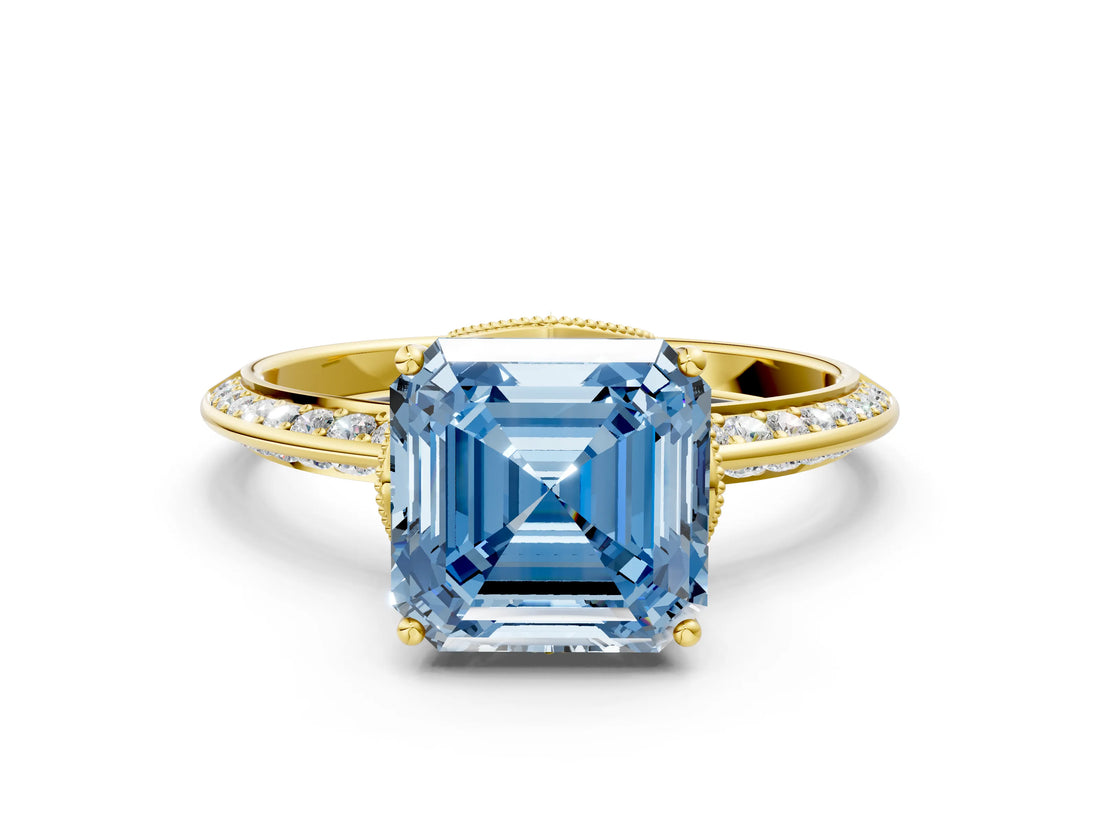 Yellow gold Fancy Blue Asscher Cut Solitaire Split Shank Pave Diamond Engagement Ring with Four-Prong Setting