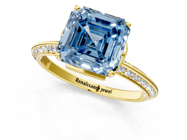 Yellow Gold Asscher Cut Graduated Pave Engagement Ring Setting for Fancy Blue Center