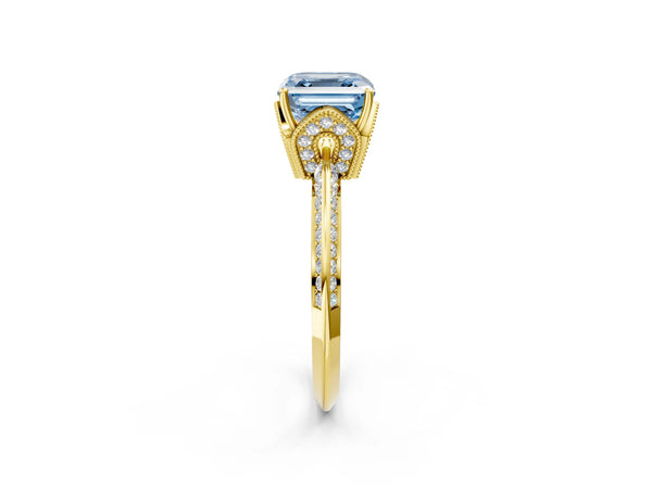 Yellow Gold Asscher Cut Graduated Pave Engagement Ring Setting for Fancy Blue Center