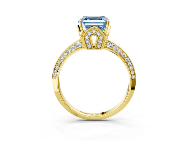 Yellow Gold Asscher Cut Graduated Pave Engagement Ring Setting for Fancy Blue Center
