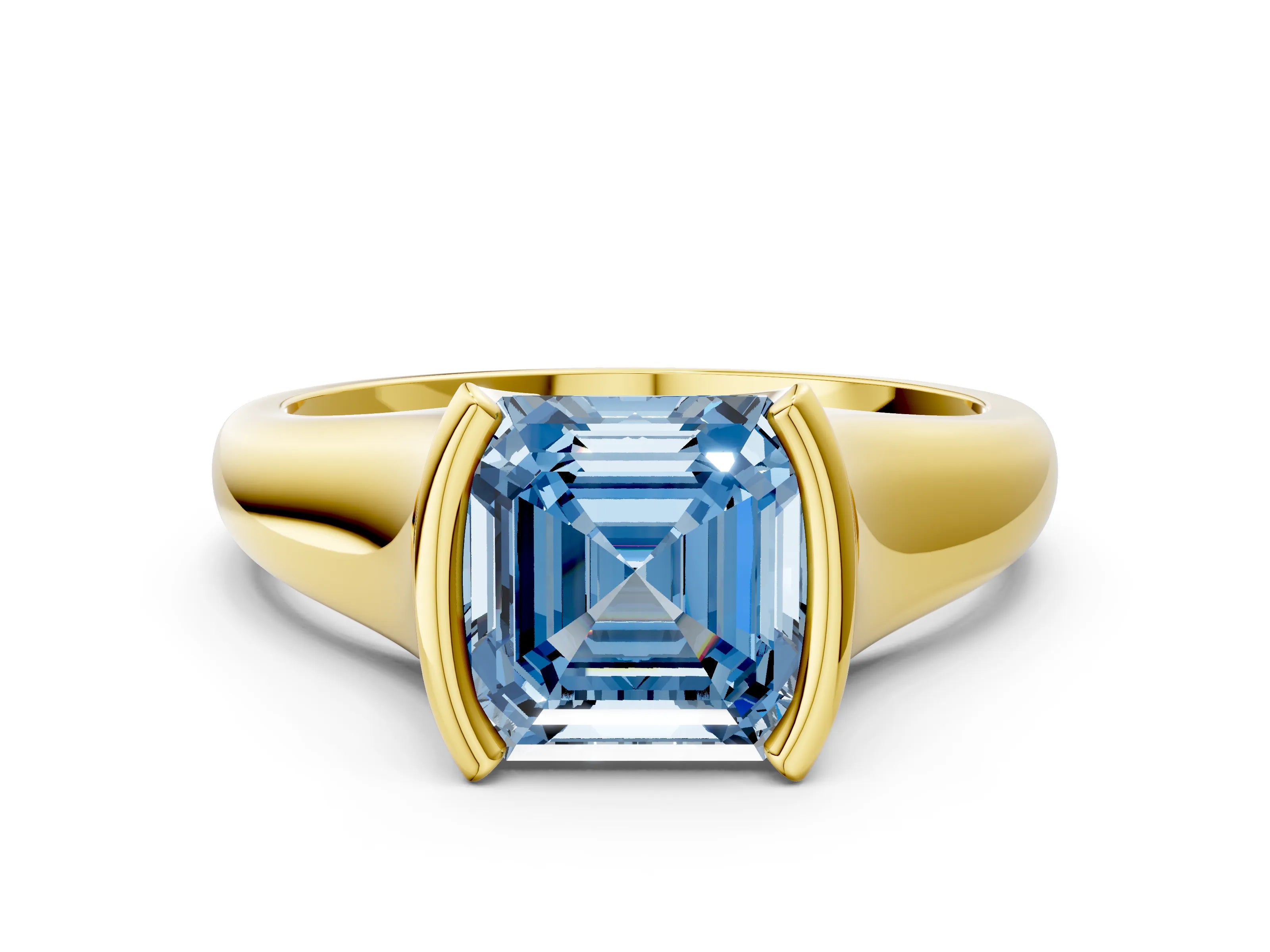 Yellow gold Fancy Blue Asscher Cut Solitaire Tension Set Diamond Ring with Split Shank Band