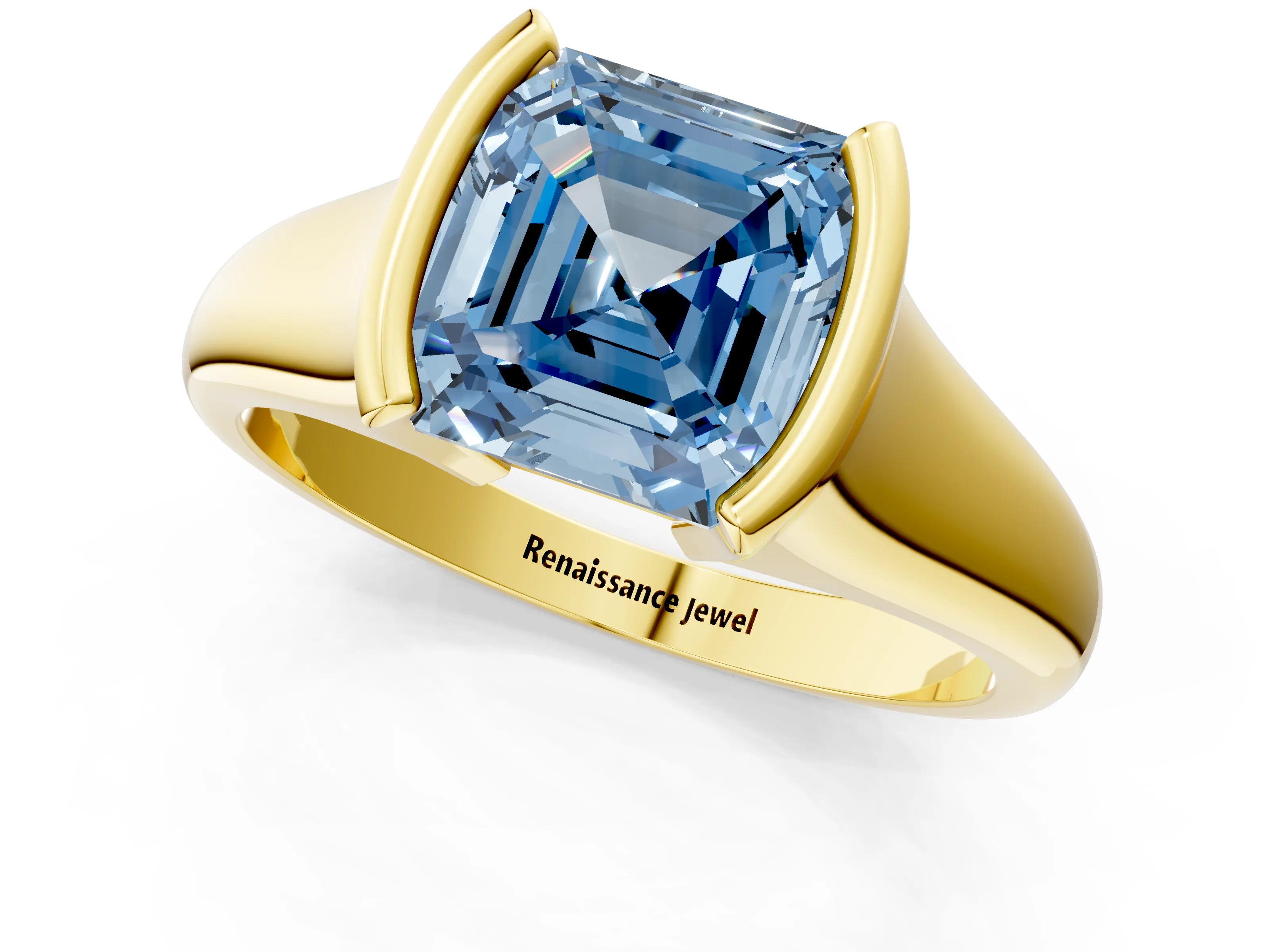 Yellow gold Fancy Blue Asscher Cut Solitaire Tension Set Diamond Ring with Split Shank Band_1
