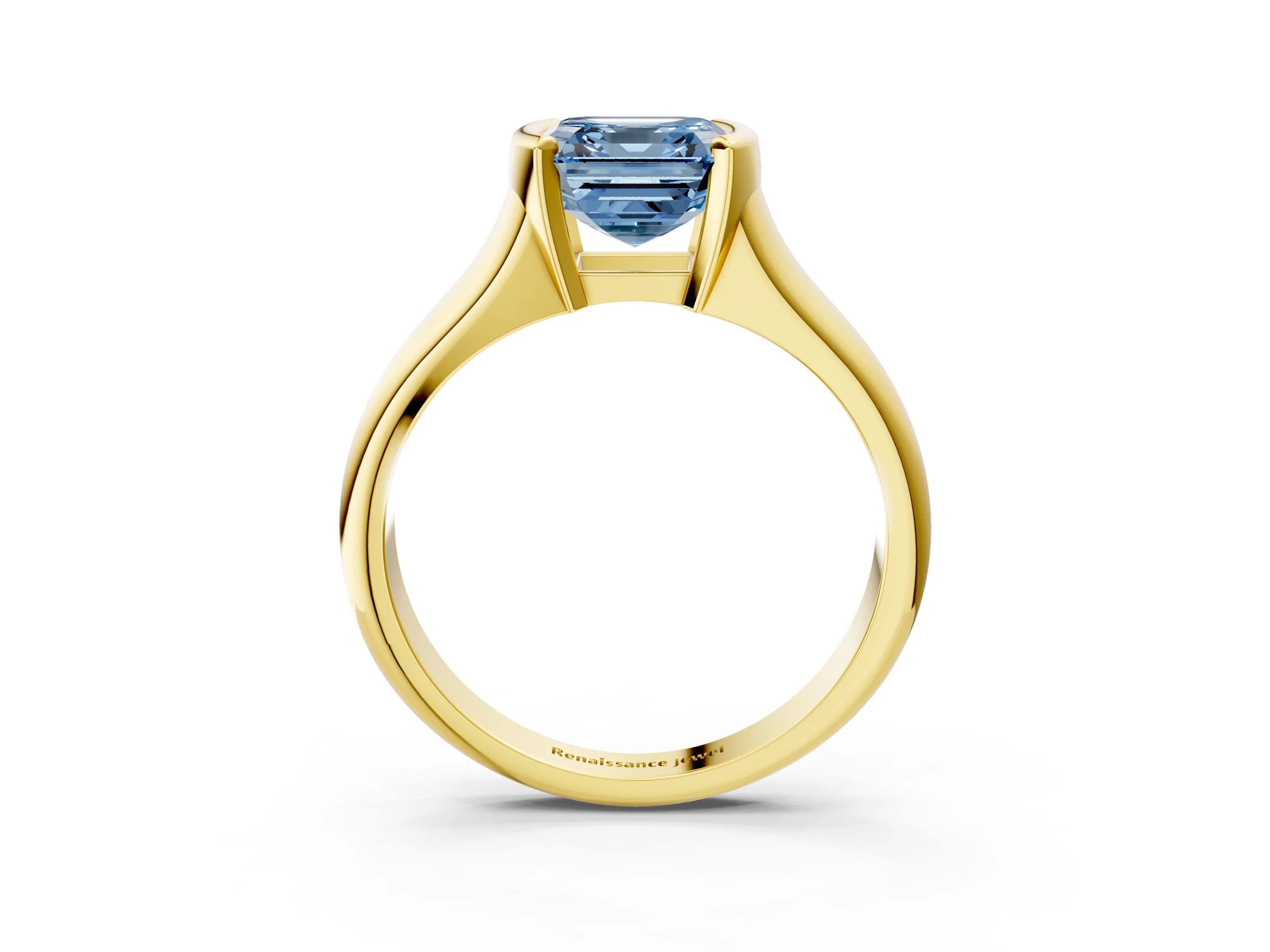 Yellow gold Fancy Blue Asscher Cut Solitaire Tension Set Diamond Ring with Split Shank Band_3