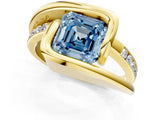 Yellow gold Fancy Blue Asscher Cut Solitaire Tension-Set Diamond Split Shank Ring_1