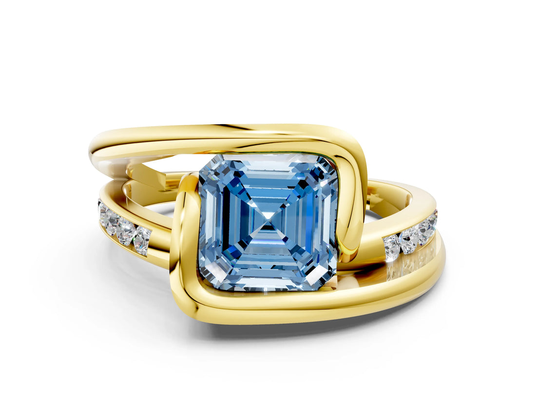 Yellow gold Fancy Blue Asscher Cut Solitaire Tension-Set Diamond Split Shank Ring_6