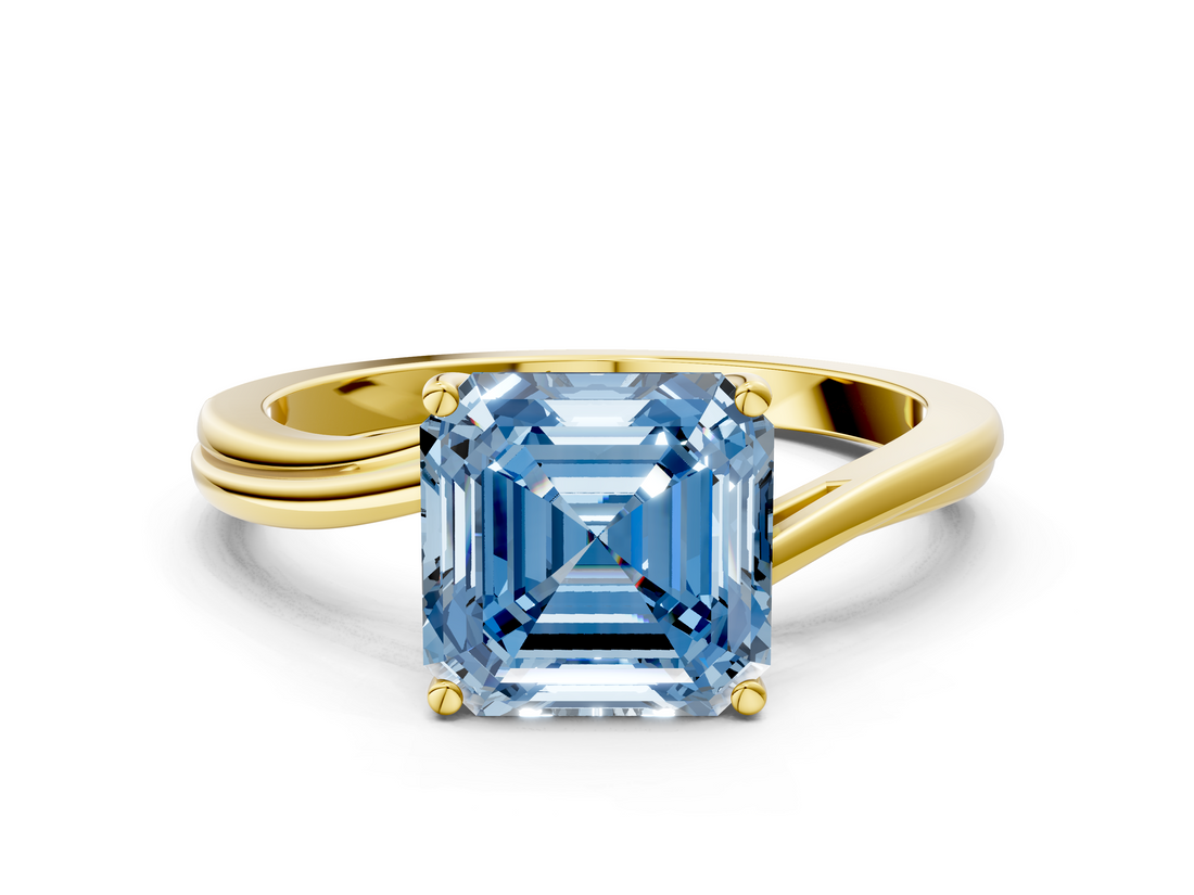 Yellow gold Fancy Blue Asscher  Cut Solitaire Twist Band Ring with Four-Prong Setting_18
