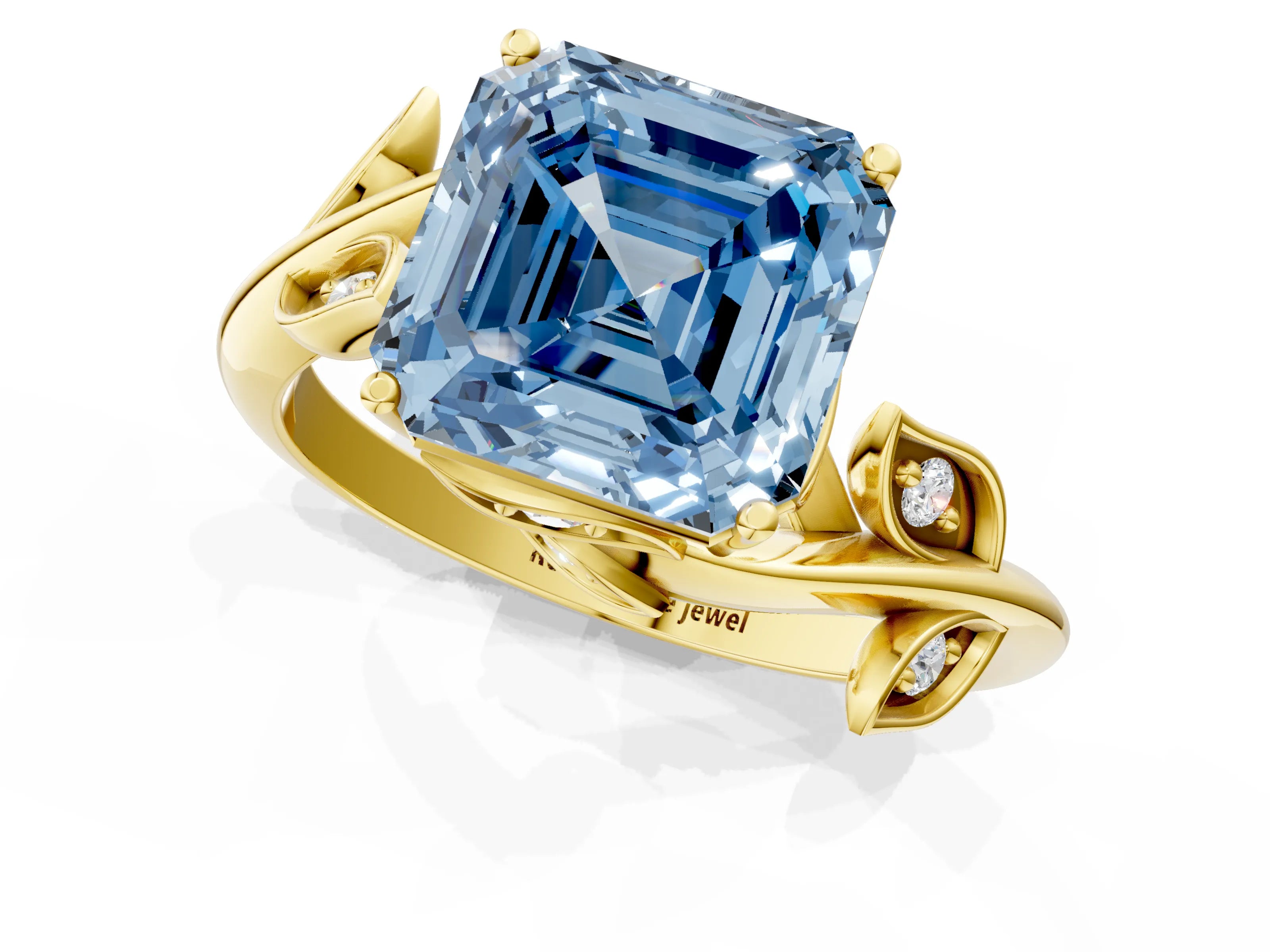 Yellow gold Fancy Blue Asscher Cut Solitaire Twist Engagement Ring with Leaf Accents and Prong Setting_1