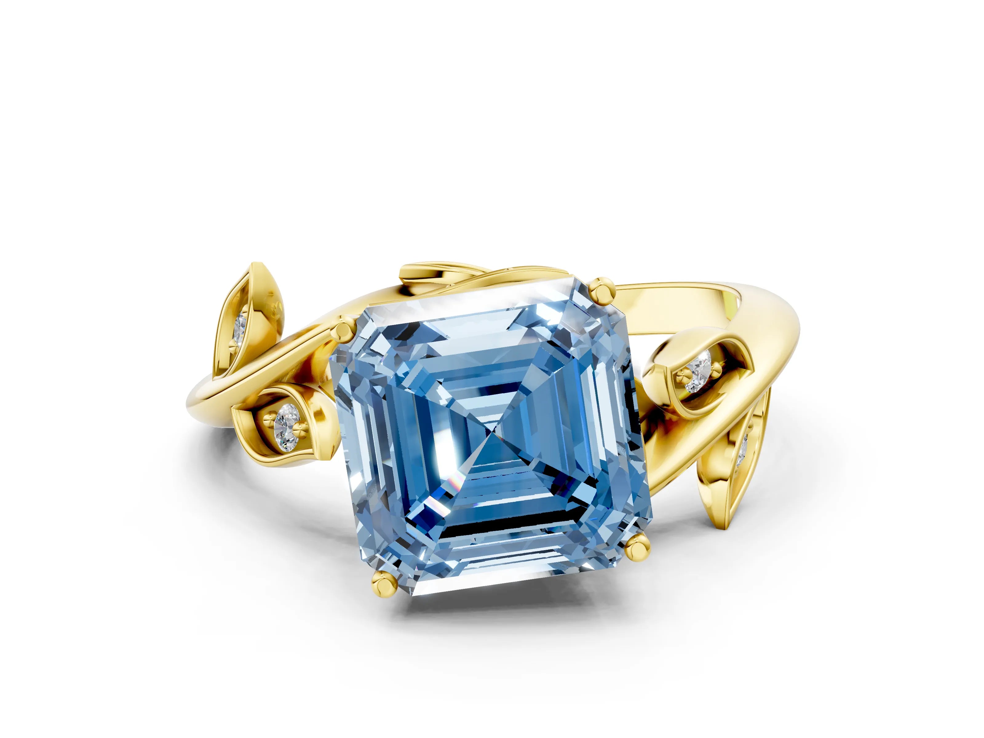 Yellow gold Fancy Blue Asscher Cut Solitaire Twist Engagement Ring with Leaf Accents and Prong Setting_12