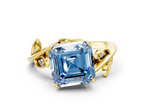 Yellow gold Fancy Blue Asscher Cut Solitaire Twist Engagement Ring with Leaf Accents and Prong Setting_12