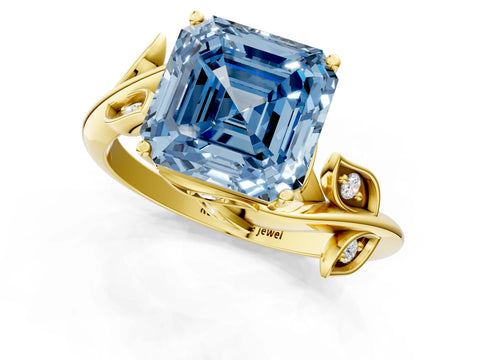 Yellow gold Fancy Blue Asscher Cut Solitaire Twist Engagement Ring with Leaf Accents and Prong Setting_13