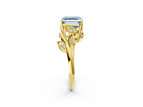 Yellow gold Fancy Blue Asscher Cut Solitaire Twist Engagement Ring with Leaf Accents and Prong Setting_14