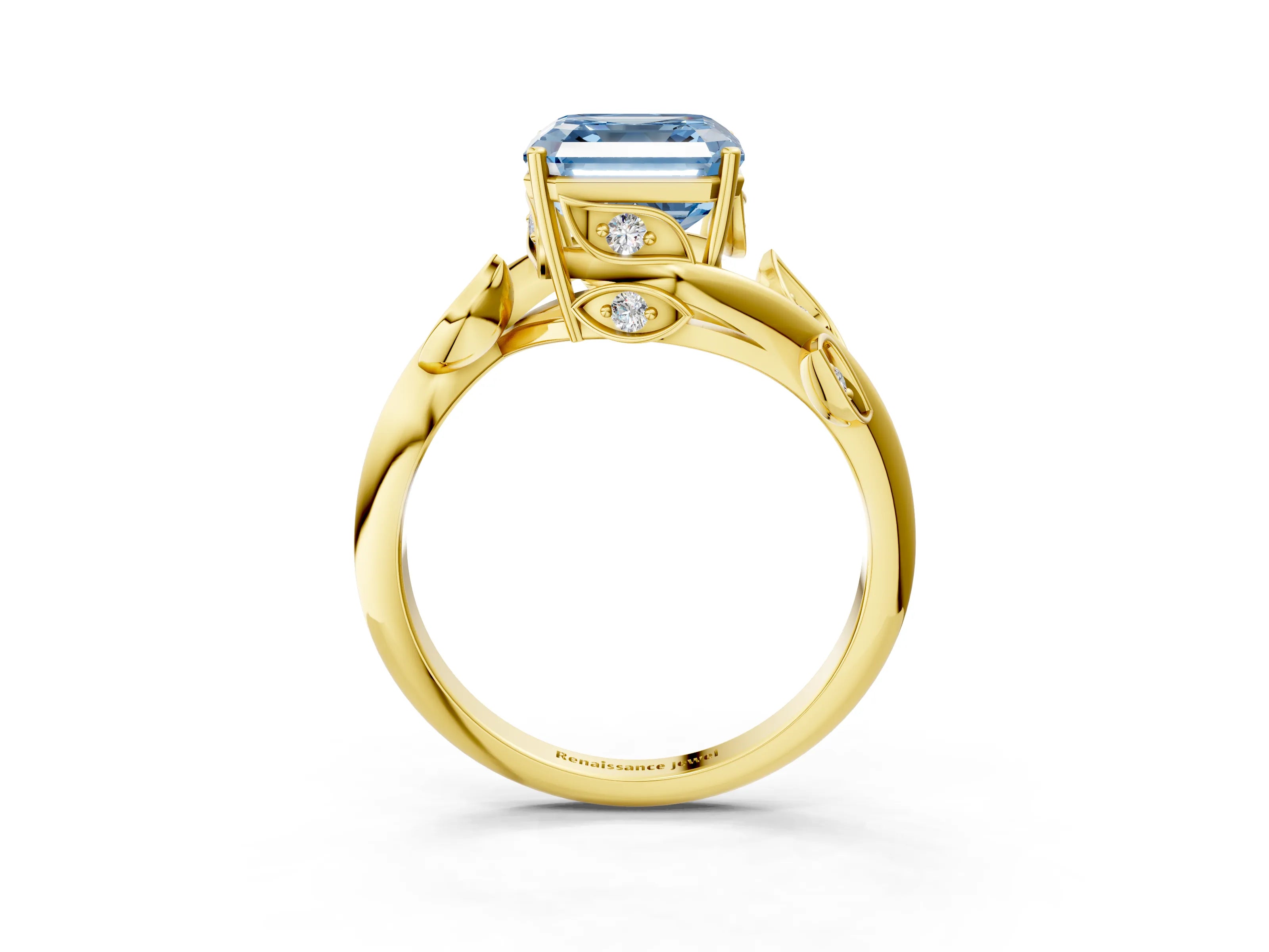 Yellow gold Fancy Blue Asscher Cut Solitaire Twist Engagement Ring with Leaf Accents and Prong Setting_15