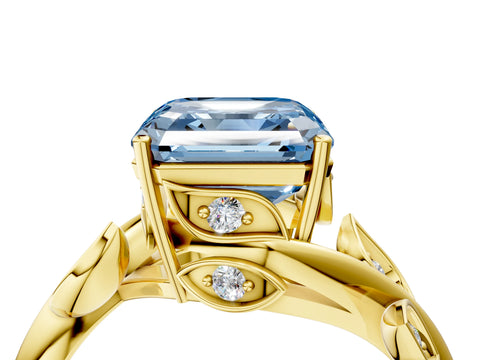 Yellow gold Fancy Blue Asscher Cut Solitaire Twist Engagement Ring with Leaf Accents and Prong Setting_16