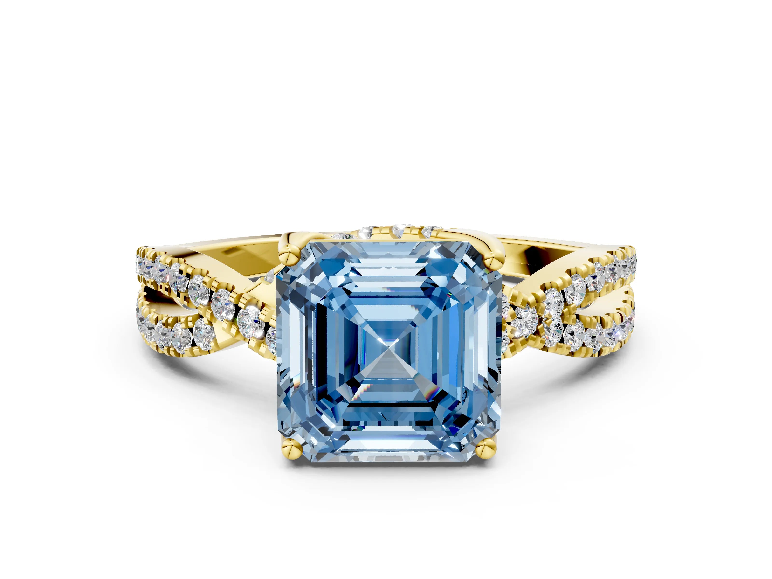 Yellow gold Fancy Blue Asscher Cut Solitaire Twist Pave Diamond Engagement Ring with Prong Setting