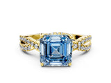 Yellow gold Fancy Blue Asscher Cut Solitaire Twist Pave Diamond Engagement Ring with Prong Setting