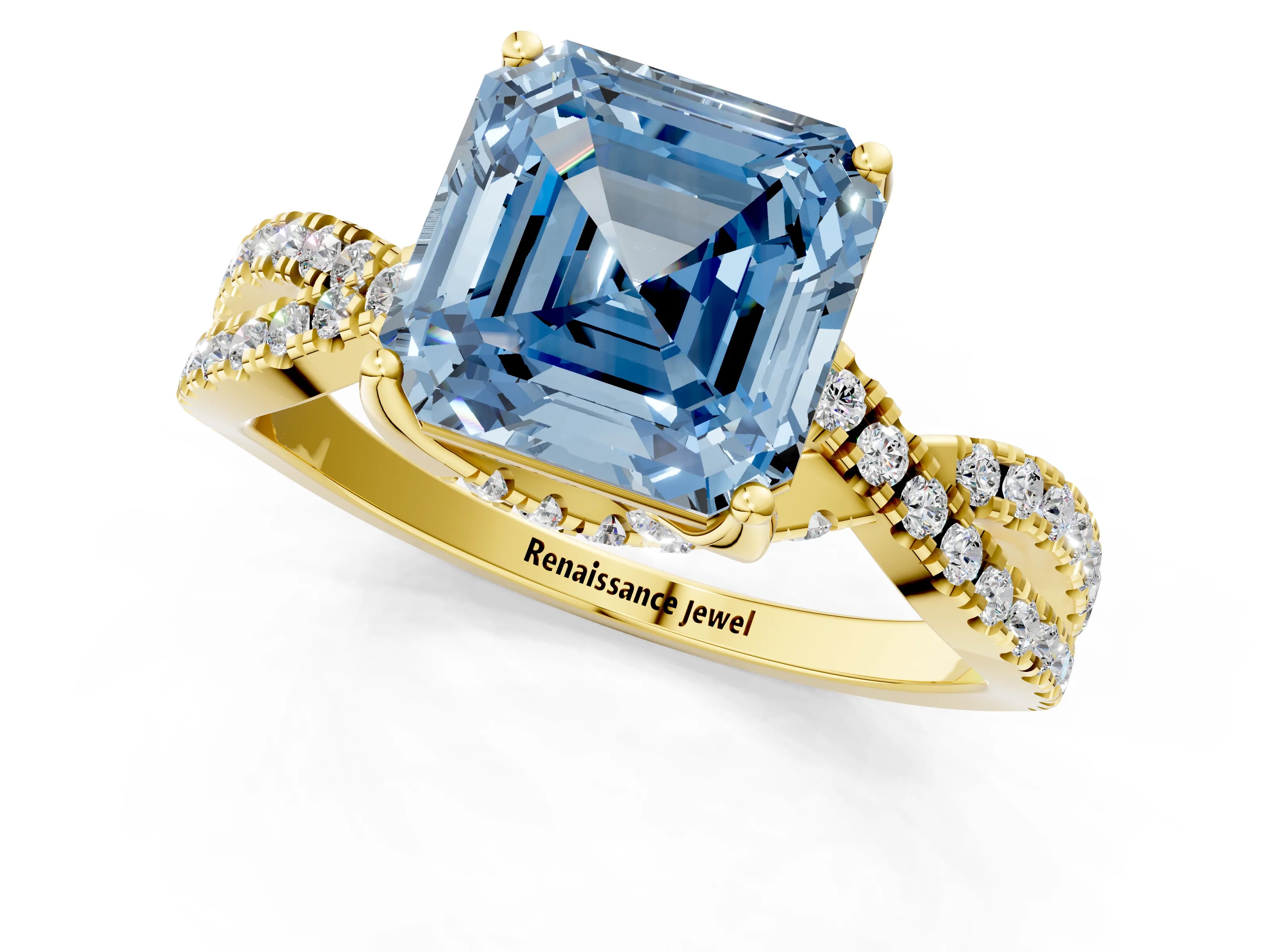 Yellow gold Fancy Blue Asscher Cut Solitaire Twist Pave Diamond Engagement Ring with Prong Setting_1