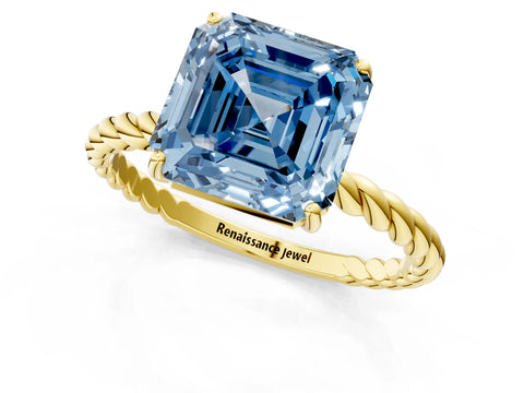 Yellow gold Fancy Blue Asscher Cut Solitaire Twisted Band 4-Prong Ring_1