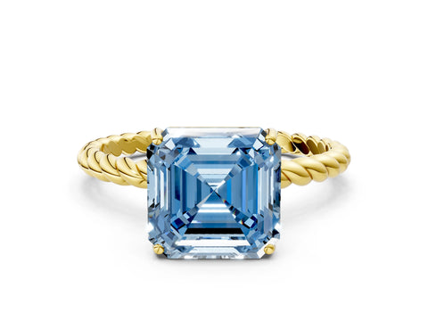 Yellow gold Fancy Blue Asscher Cut Solitaire Twisted Band 4-Prong Ring