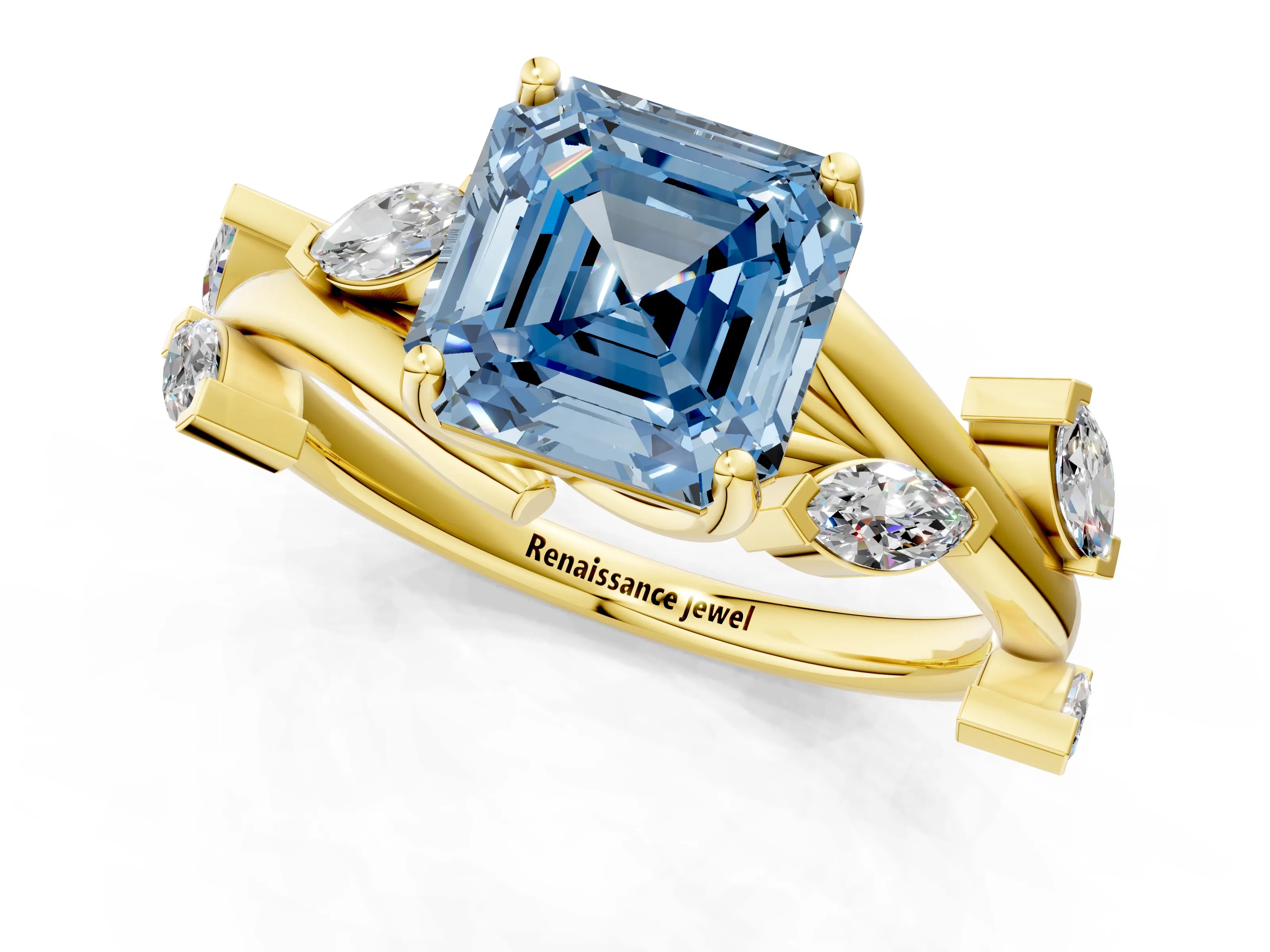 Yellow gold Fancy Blue Asscher Cut Solitaire Twisted Band Marquise Accent Prong Setting Ring_1